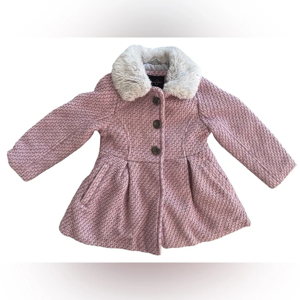 Jessica Simpson Girls Pink Tweed Coat w/ Faux Fur Collar Size M (5/6) (1219)